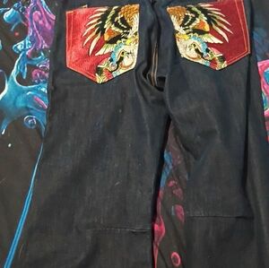 Ed Hardy Men's Relaxed Jeans with Red and Blue Accents